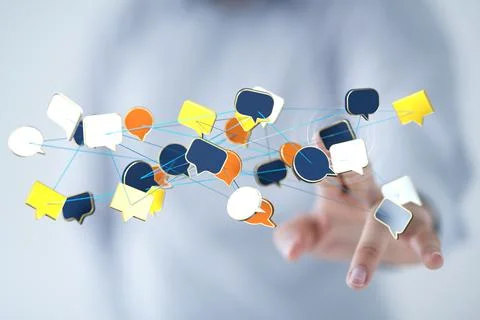 Closeup of 3d rendered communication, speech bubbles and man's hand them Stock Photos