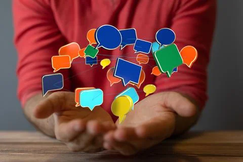 A closeup of 3D rendered digital speech bubbles teamwork connection hovering  Stock Photos