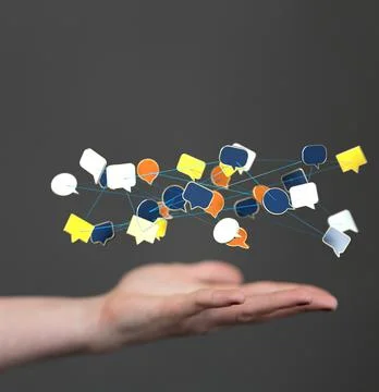 A closeup of 3D rendered digital speech bubbles teamwork connection hovering  Stock Photos