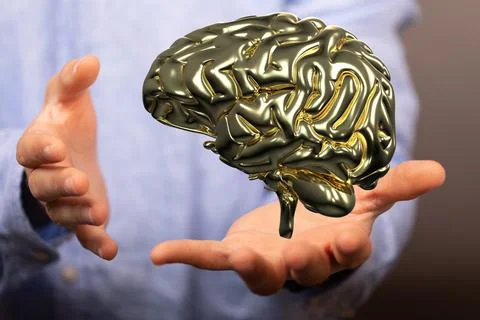 Closeup of 3D rendered human brain anatomical model hovering in man’s hand Foto stock