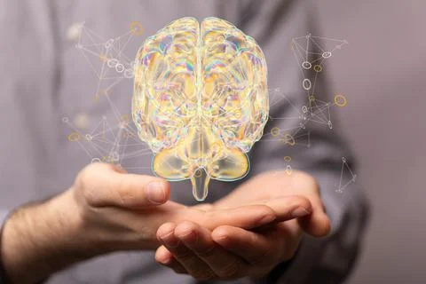 Closeup of 3D rendered human brain anatomical model hovering in man hands Foto stock