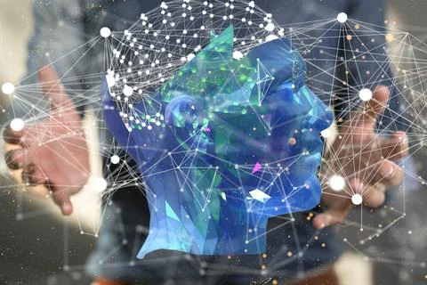 Closeup of 3D rendered human brain anatomical model hovering in mans hand Fotos de archivo