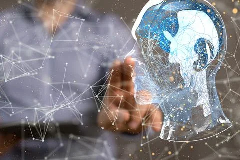 Closeup of 3D rendered human brain anatomical model hovering in mans hand 写真素材