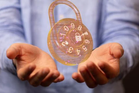 A closeup of 3D rendered lock in a man's hand - security shield, data protect 写真素材