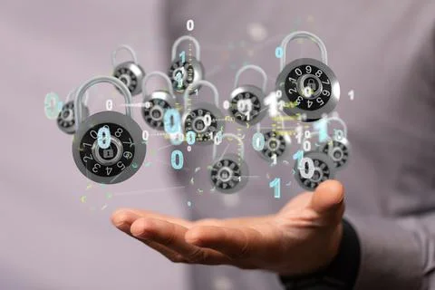 A closeup of 3D rendered locks and man's hand touching the -security shield,  스톡 사진