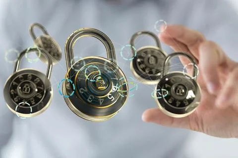 A closeup of 3D rendered locks and man's hand touching the -security shield,  Stock Photos