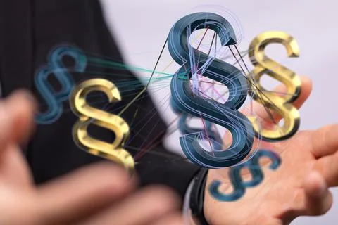 Closeup of 3D rendered paragraph section sign hovering in man hands Stock Photos