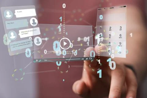 Closeup of 3D rendered web applications and man's hand touching it Stock Photos