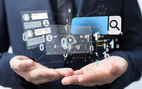 Closeup of 3D rendered web applications in man's hand , digital business communi 스톡 사진