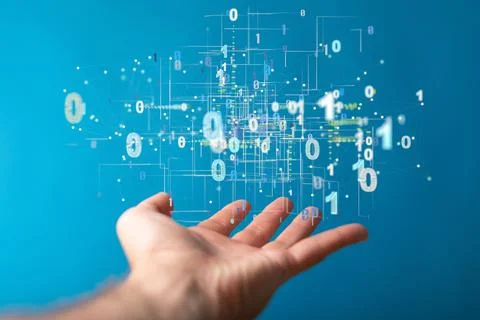 A closeup of 3D rendering of cybersecurity with binary codes floating on a ma Stock Photos