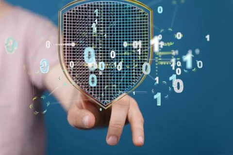 A closeup of 3D rendering of cybersecurity with binary codes floating on a hu 写真素材