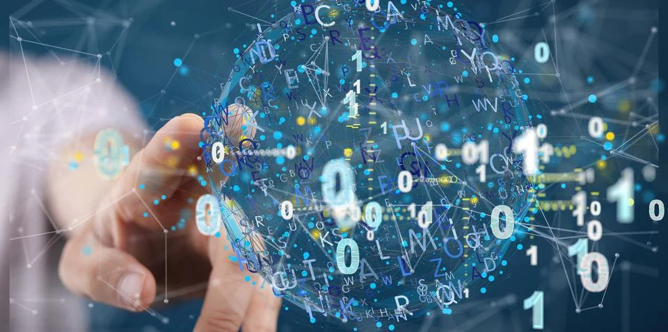 A closeup of 3D rendering of cybersecurity with binary codes floating on a hu 스톡 사진