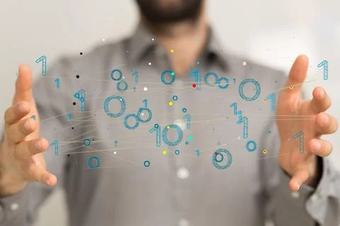 A closeup of 3D rendering of cybersecurity with binary codes floating on a hu 스톡 사진