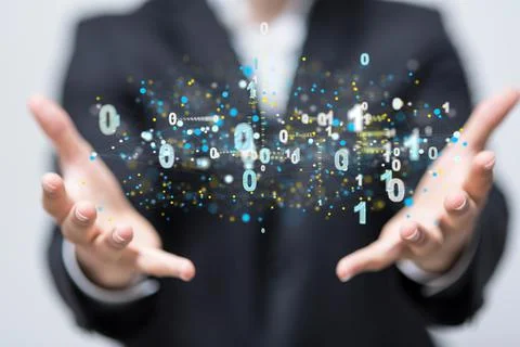 A closeup of 3D rendering of cybersecurity with binary codes floating on a hu 写真素材