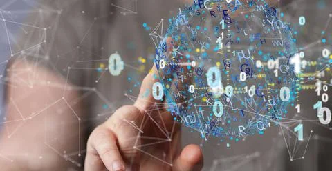 A closeup of 3D rendering of cybersecurity with binary codes floating on a hu 写真素材