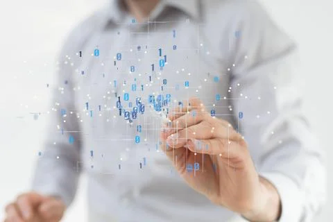 A closeup of 3D rendering of cybersecurity with binary codes floating on a hu 스톡 사진