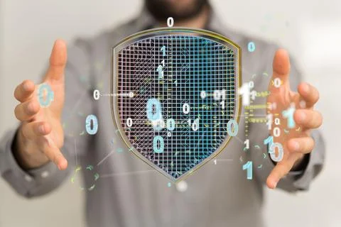 Closeup of 3D rendering of cybersecurity with binary codec floating in air 写真素材