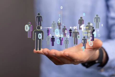 Closeup of a 3D rendering of digital human figures with binary codes floating ov Stock Photos