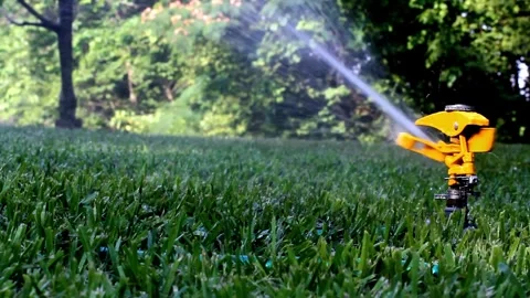 Closeup 4k footage of automatic water sprinkler watering green grass lawn at Vídeos de archivo 334657089