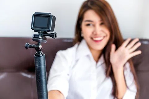 Closeup of action camera with professional digital content creator blogger .. Stock Photos