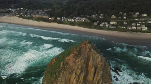 Closeup Aerial Drone Footage of Haystack Rock Oregon Stock Footage 169530132