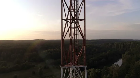 Closeup aerial view of the cellular telecom tower Stock Footage 113332863