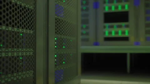 Closeup of AI hardware featuring luminous LEDs and mesh front design Stock Footage 339630764
