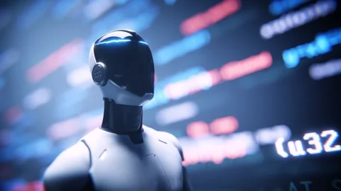 Closeup AI robot assistant with code screen background loop. 库存影片 347808867