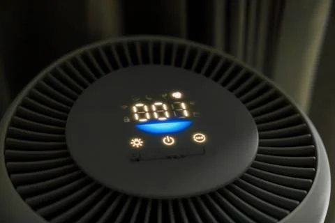 Closeup of an air purifier control panel displaying digital number 1 indica.. Stock-Fotos