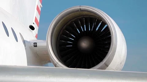 Closeup of airplane engine, working jet turbine Stock Footage 54643955