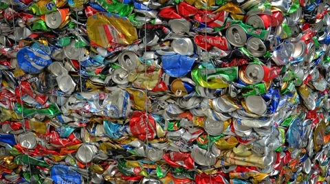 Closeup of aluminum beverage cans in compacted bale for recycling in Hong Kon Video stock 68358072