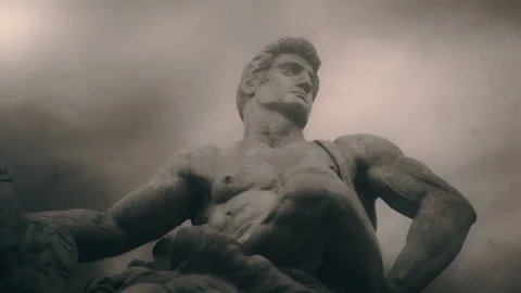 Closeup of an Animated Monochromatic Statue of a warrior and a lion in bad .. Stock Footage 255689201
