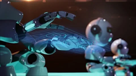 Closeup animation of robot hands writing hud interface futuristic style keyb Stock Footage 232962910