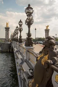 Closeup of architectural elements and statues on Alexander the Third Bridge i 写真素材
