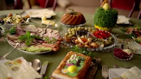 Closeup around table during easter brekfast, super slow motion Stock Footage 104010529