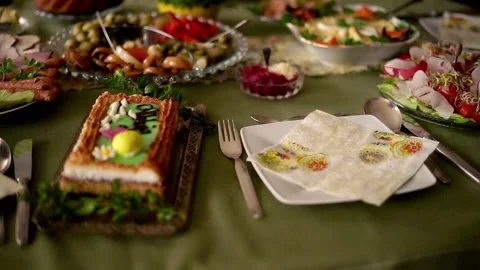 Closeup around table during easter brekfast, super slow motion Stock-Footage 104011859