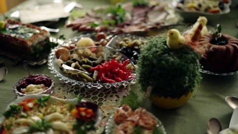 Closeup around table during easter brekfast, super slow motion Stock Footage 104012123