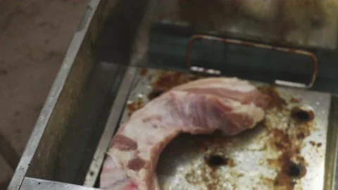 Closeup arranging two raw pork ribs with the hands in a chinese box to cook them 库存影片 170020657
