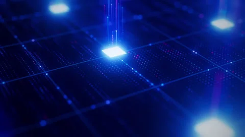 Closeup on artificial intelligence microchip, central data processing unit on Stock Footage 331013986