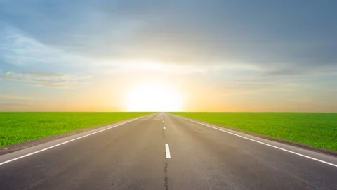 Closeup asphalt road leaving far among green fields at the sunset Stock Footage 310656451