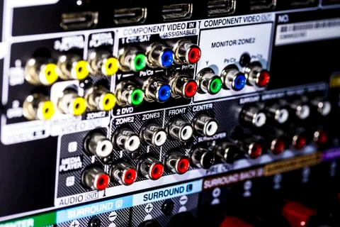 Closeup of the backside of an AV receiver Stock Photos