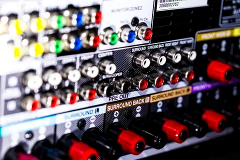 Closeup of the backside of an AV receiver Stock Photos
