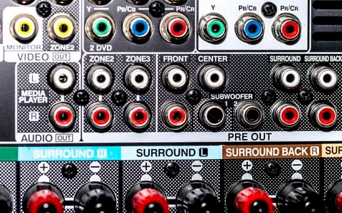 Closeup of the backside of an AV receiver Foto stock