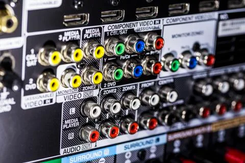 Closeup of the backside of an AV receiver Foto stock
