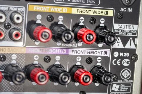 Closeup of the backside of an AV receiver Stock Photos