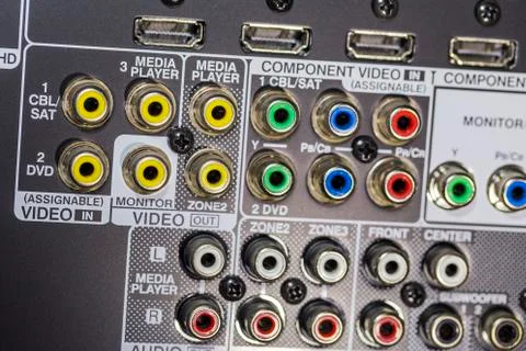 Closeup of the backside of an AV receiver Stock Photos