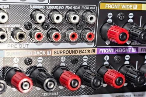 Closeup of the backside of an AV receiver Stock Photos