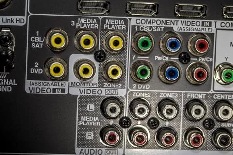 Closeup of the backside of an AV receiver Stock Photos