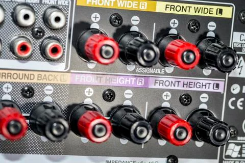Closeup of the backside of an AV receiver Stock Photos