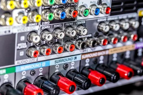 Closeup of the backside of an AV receiver Stock Photos